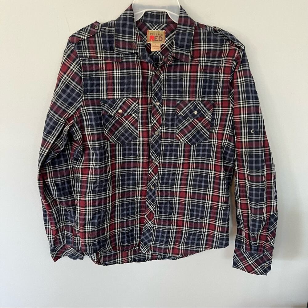 Vintage Red Snap Button Down Shirt Men’s Size Large Plaid Blue & Red
